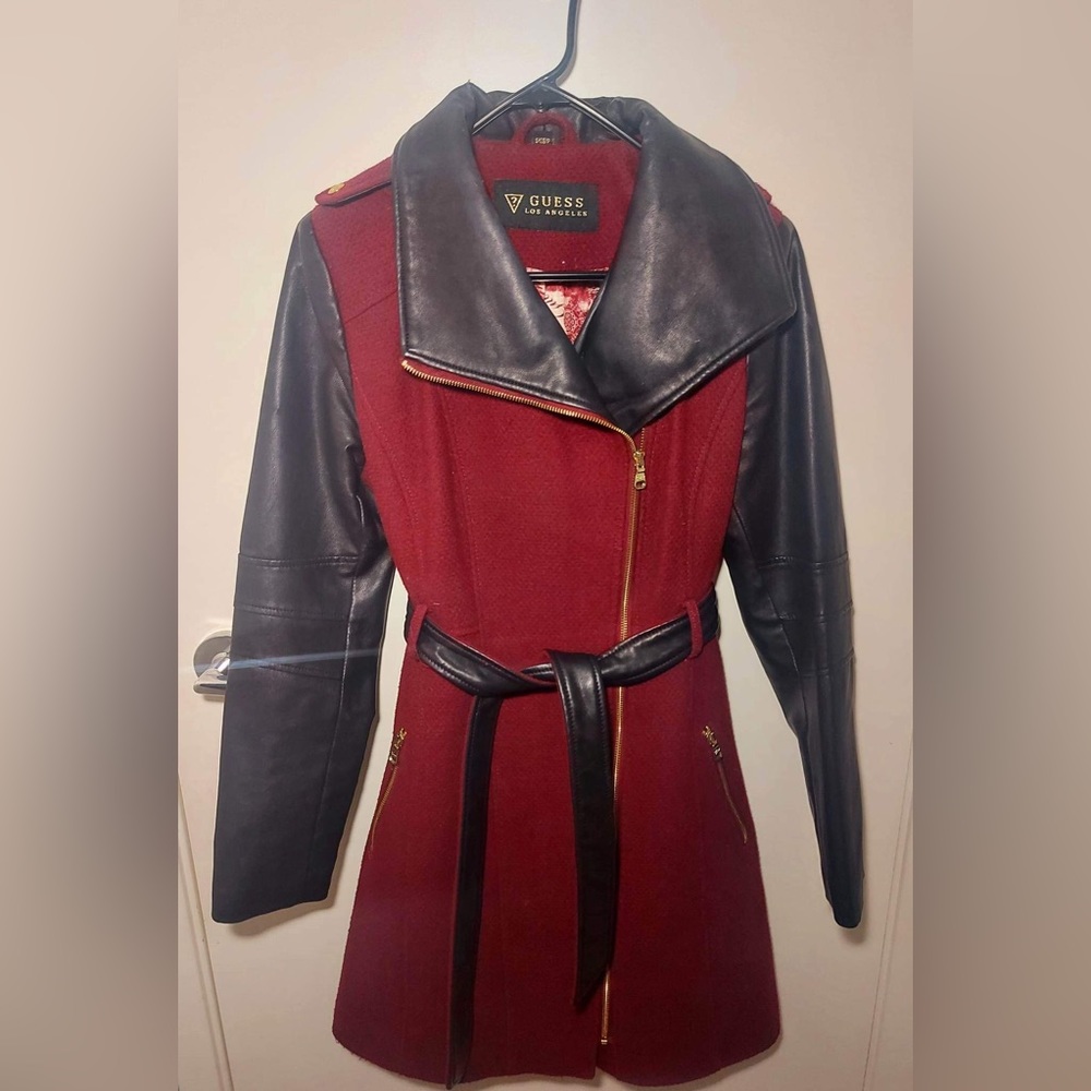 Woman’s XS red guess jacket with leather sleeves